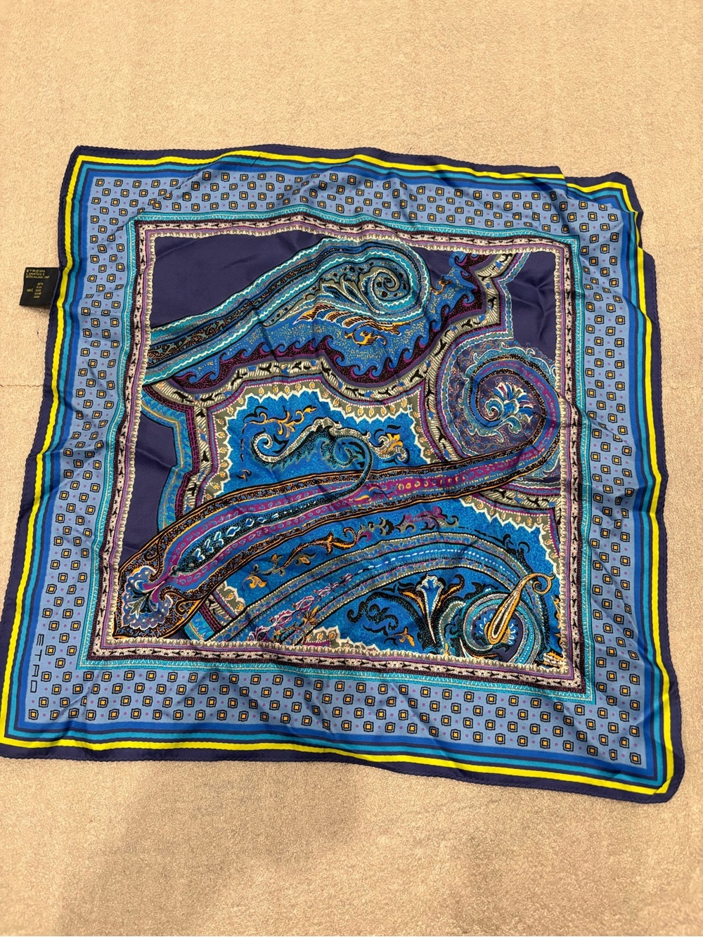 VTG ETRO Blue Paisley Pocket Square Silk